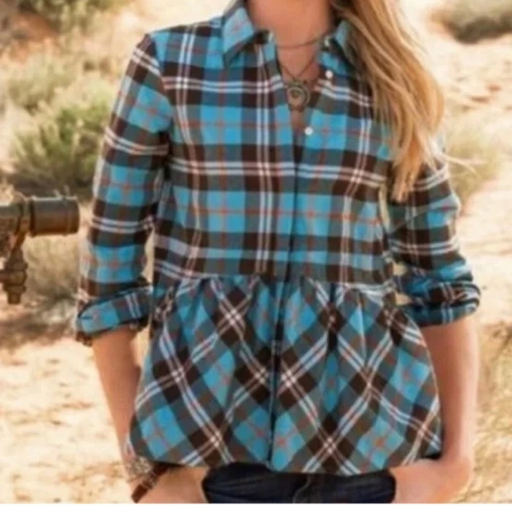 Sundance Hayden Creek Teal
Plaid Flannel Peplum Shirt XS